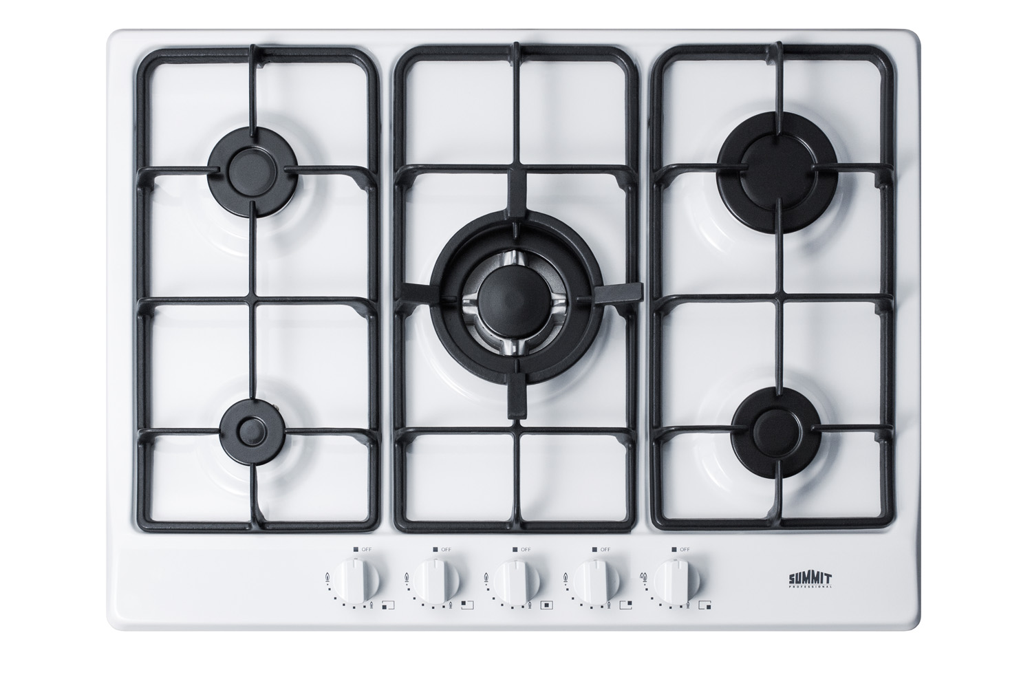 5-burner gas cooktop made in Italy in a white finish with sealed burners, cast iron grates, and wok stand; fits standard 24